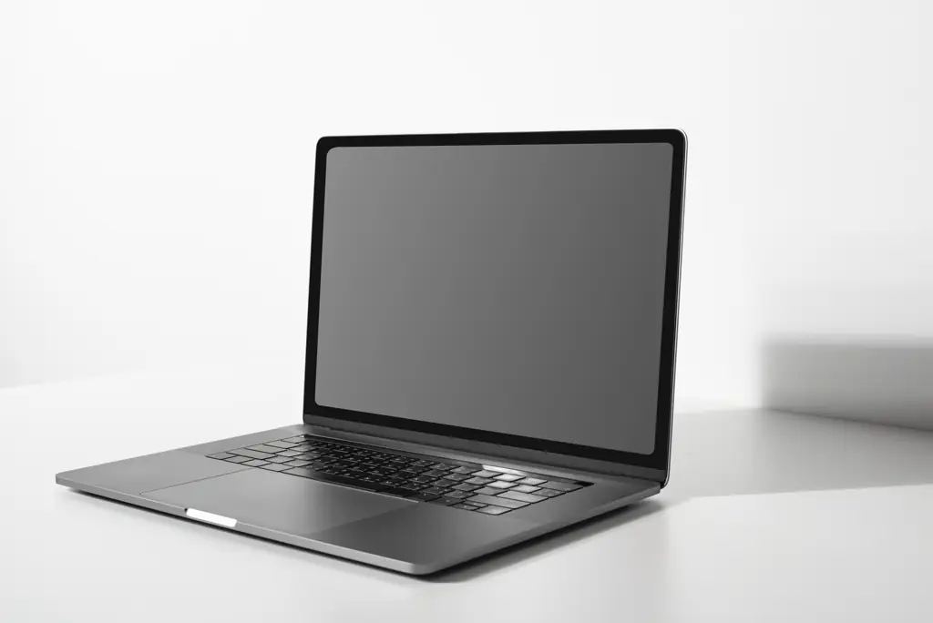 PC portable neuf ouvert sur une table blanche