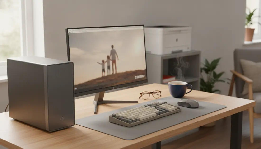 Ordinateur de bureau compact à côté de son écran, sur un bureau à la maison