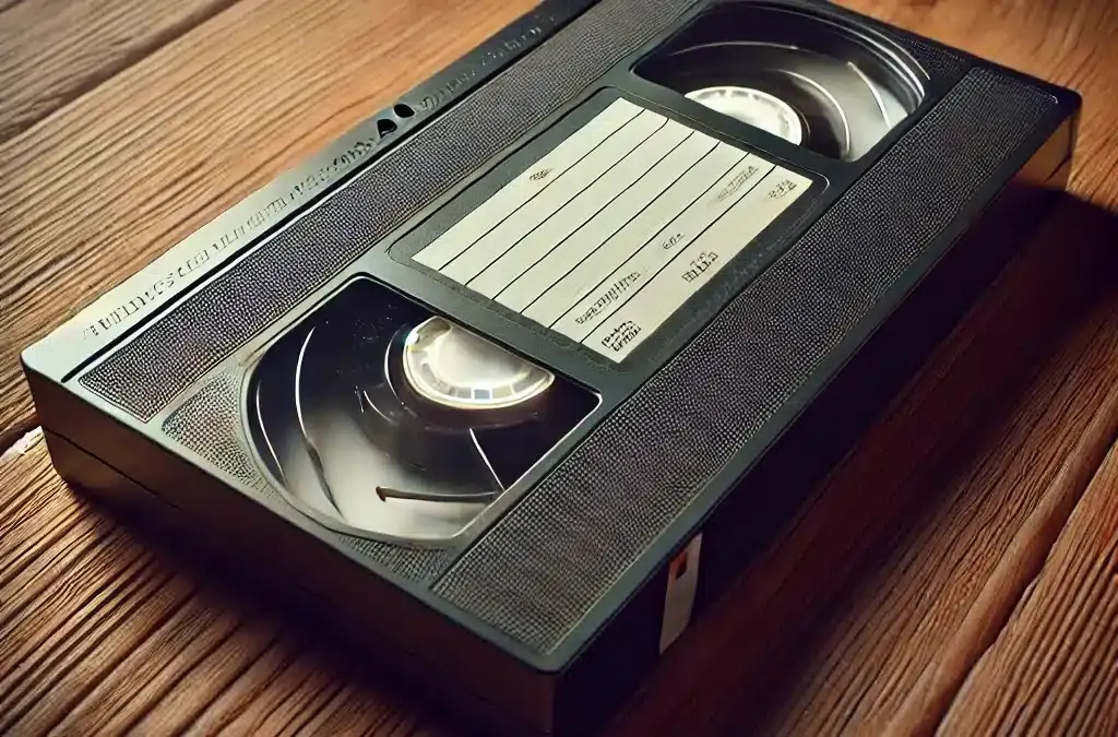 Numérisation de cassette VHS : cassette posée sur une table en bois